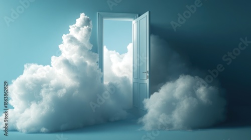 Open door to clouds, surreal interior, boundless space,  dreamlike