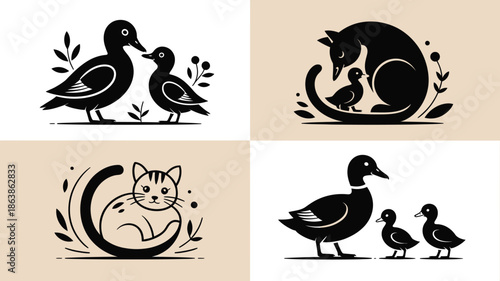 Monochromatic illustrations show duck families and a caring fox with a duckling and a charming cat silhouette