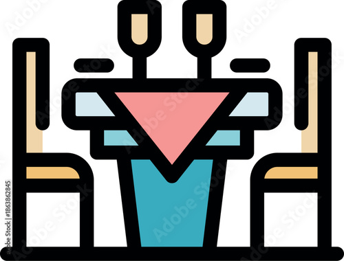 Restaurant table is set for a romantic dinner, complete with wine glasses, tablecloth, and chairs, creating an intimate dining experience