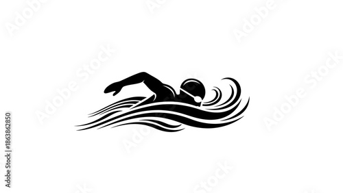 Swimmer athlete silhouette in water waves illustration, swimming sport competition logo.
