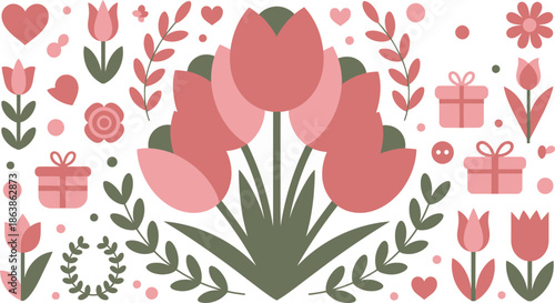 Monochromatic illustration showcasing a lovely bouquet of pink tulips surrounded by hearts and various floral elements
