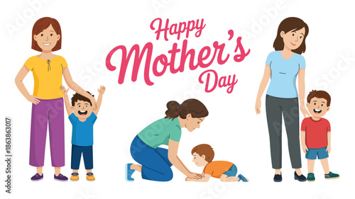 Mothers celebrating Happy Mothers Day with their young sons through joyful interactions and affection