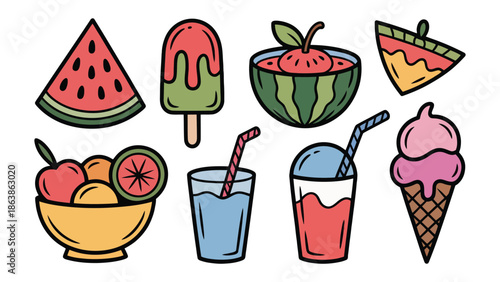 Cool Summer Delights: A vibrant assortment of refreshing summer treats and beverages to tantalize your taste buds. This captivating arrangement of juicy fruits, ice creams.