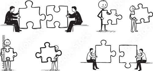 Hand drawn stick figure business characters connecting jigsaw puzzle pieces for teamwork and solution vector illustration on transparent background