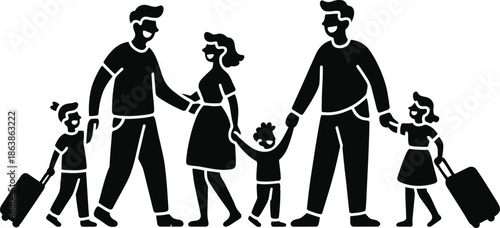 Parents and their young children happily holding hands while traveling with suitcases on a white background