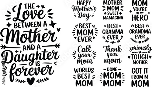 Numerous black and white handwritten text messages celebrating mothers and grandmothers with loving sentiments