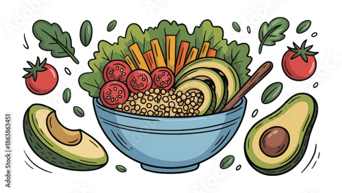 Vibrant Bowl of Wholesome Goodness: A meticulously crafted illustration, showcasing a vibrant bowl filled with a delightful array of fresh, colorful, and nutritious food ingredients.