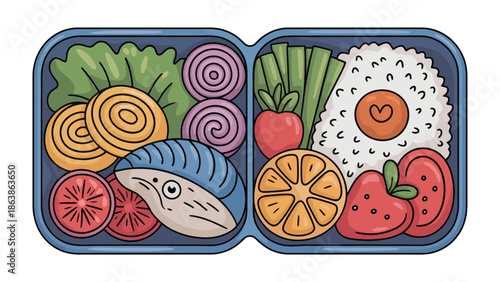 A Colorful Culinary Journey: A neatly arranged lunchbox showcases a vibrant array of culinary delights, featuring a delightful assortment of fresh, healthy ingredients perfect for a balanced meal.