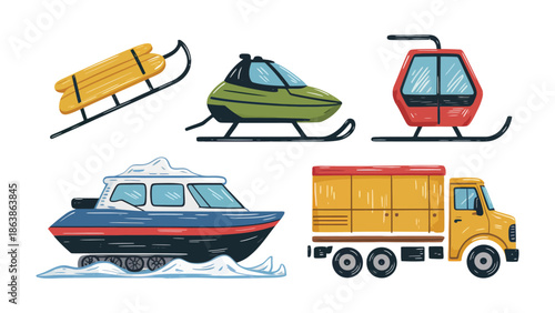 Vehicular diversity: A collection of various vehicles, including a snowmobile, snowcat, cargo truck, cable car, and a sled, set against a pristine backdrop.