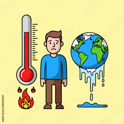 Sad man, thermometer, melting earth, global warming concept, climate change illustration