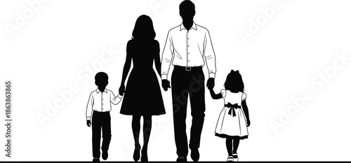 Full Body Silhouette Of Happy Family Walking Together Featuring Parents Holding Hands With Son And Daughter Isolated On White Background