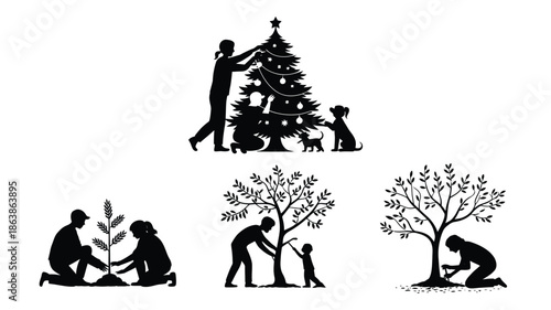 Silhouettes of families decorating a Christmas tree and planting new saplings for environmental care