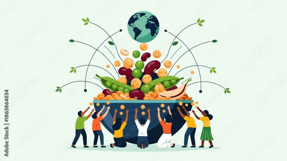 Fototapeta premium Diverse group of people reaching for a bowl of healthy food symbolizing global nutrition and sustainability flat vector illustration for hea