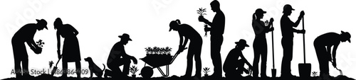 Group Of Diversified People Gardening Black Silhouette Set Featuring Men And Women Planting Digging And Harvesting In A Sustainable Community Garden Vector