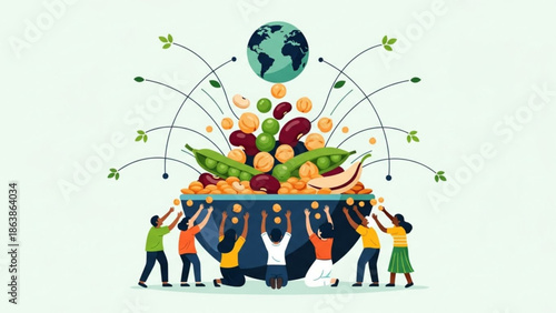 Diverse group of people reaching for a bowl of healthy food symbolizing global nutrition and sustainability flat vector illustration for hea