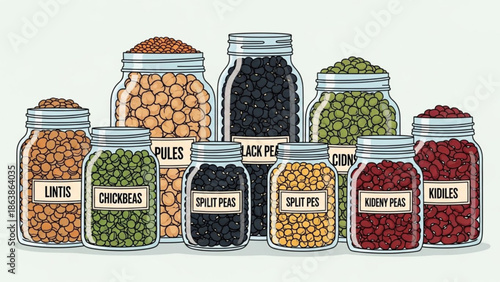 Collection of glass jars filled with various legumes and pulses labeled for easy identification perfect for healthy eating and cooking conce