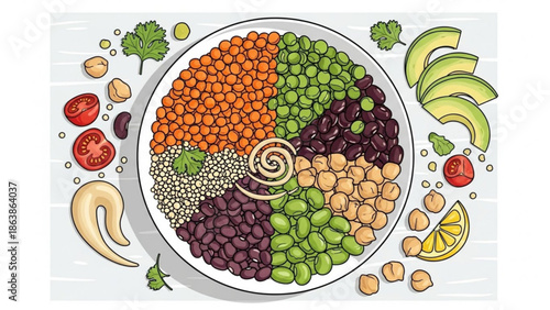 Healthy buddha bowl with lentils peas beans and quinoa colorful vegan meal illustration for healthy eating and diet concepts top view