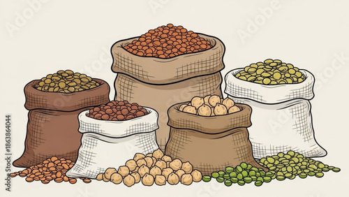 Assortment of burlap sacks filled with various legumes and grains hand-drawn illustration for healthy eating and organic food concepts