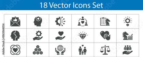 Core Values Flat Icons Set. Including people, diamond, heads, gears, group, heart, light bulb, 
checkmark, chess piece, graph. Solid vector icon