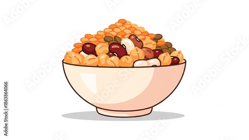 Bowl of mixed beans and lentils healthy food illustration for nutrition and diet concepts isolated on white background