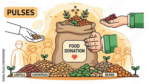 Food donation concept with various pulses like lentils chickpeas and beans illustrating charity and support for people vector illustration