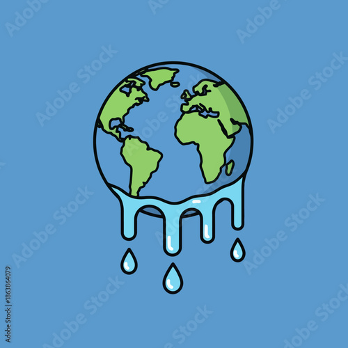 Melting Earth Planet Drips Water on Blue Background, Climate Change Concept
