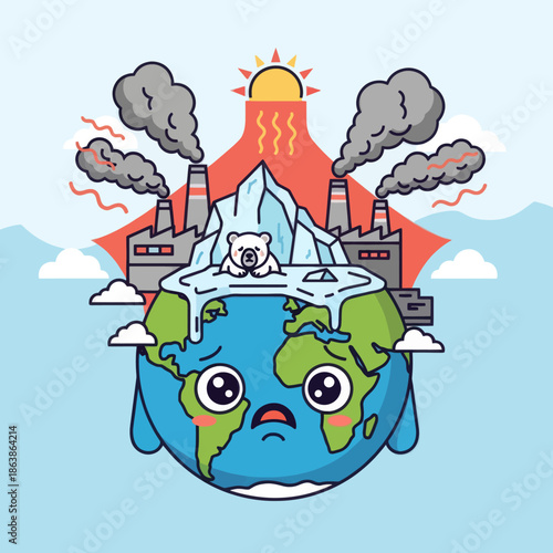 Sad Earth Melting Ice Caps, Pollution from Factories, Global Warming Concept