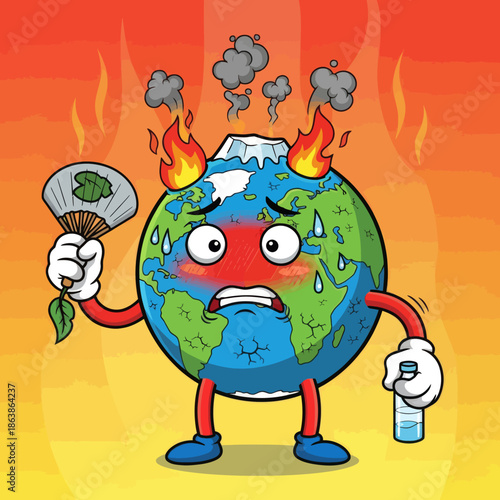 Planet Earth suffering from heat, fanning itself and sweating, global warming concept