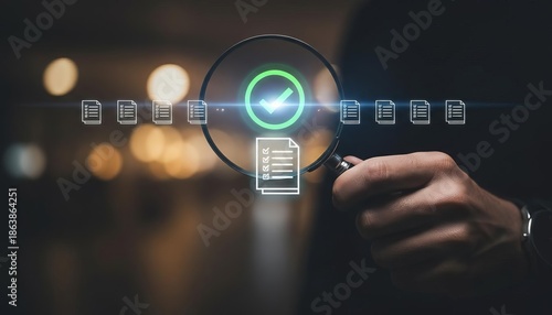 Auditing and verification of digital documents: Magnifying glass highlights approved files in data analysis concept.