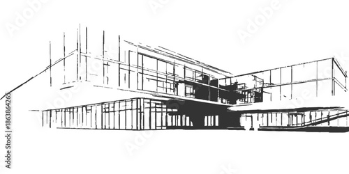 Vintage ink drawing of an old urban house design featuring architectural construction elements and a black vector sketch of a city street landscape with a treeVintage ink drawing of an old urban house