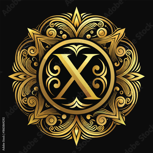 Luxurious gold emblem with ornate design and letter X