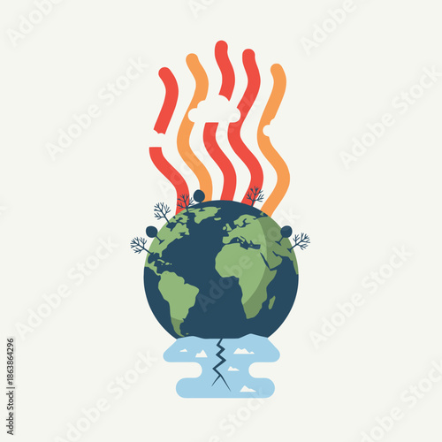 Global warming concept: Earth heating up with heat waves and cracking ice base