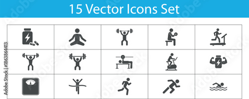 Fitness and Sports Icons Set. fitness activities and healthy lifestyle choices, including swimming, 
running, weightlifting, and yoga. fitness and exercise icons