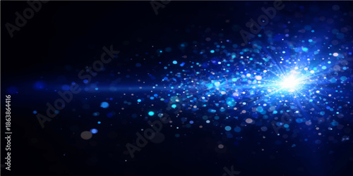 Abstract blue background with glowing particles and bright stars creates a festive holiday design featuring a dark winter sky filled with sparkling snow and light