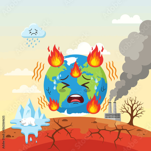 Sad Earth on Fire due to Global Warming and Pollution, Climate Change
