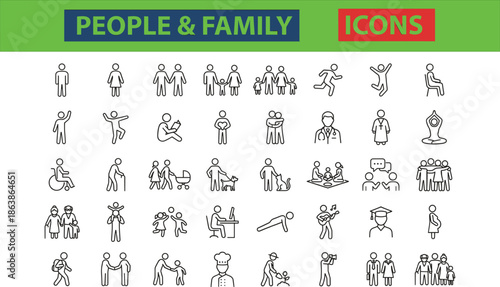 Large Collection Of People Line Icons Featuring Family Professionals Daily Activities And Life Stages For Web And App Interface Design