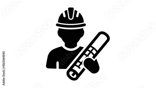 Engineer or architect holding blueprints icon, construction professional in hard hat silhouette vector.