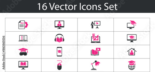 Online education icons. online education and learning concepts. digital learning, including graduation 
caps, computers, books. Ideal for educational technology and e-learning platforms