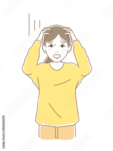 両手で頭を抱えて絶望する女性、投資の失敗やショックなニュースに唖然とするイラスト