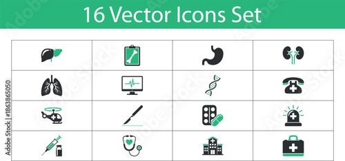 Medical icon set. healthcare and medical science icons set. including hospital, clinic, emergency, 
ambulance, doctor, patient, scalpel, syringe. Icon vector illustration