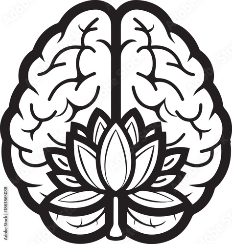 Brain silhouette with lotus flower inside representing mental peace and meditation symbol
