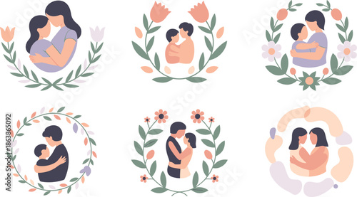 Six sweet illustrations depict mothers lovingly embracing their children within beautiful floral wreaths
