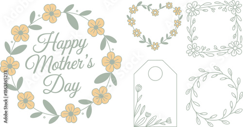 Soft pastel Happy Mothers Day text in a floral wreath surrounded by various delicate botanical frames