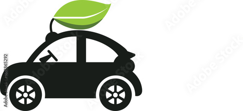 Black silhouette of electric car with green leaf on roof eco friendly transport