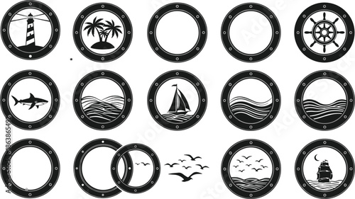 Black and white nautical porthole icon set featuring lighthouse palm trees shark sailboat ship steering wheel seagulls and ocean waves for maritime sea design