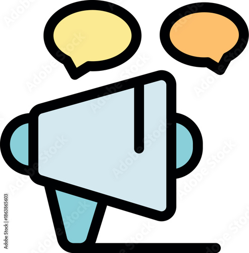 Megaphone making an announcement or promoting something with two speech bubbles