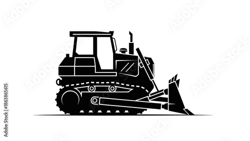 Heavy equipment bulldozer icon, tracked tractor silhouette vector illustration.