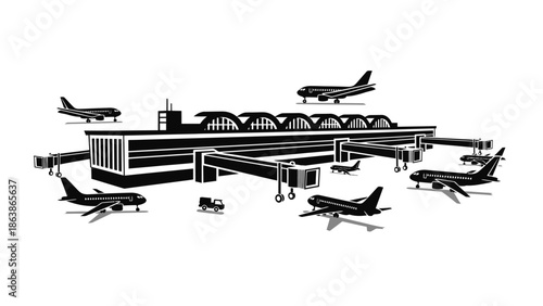 Busy airport terminal building with multiple airplanes and jet bridges silhouette.