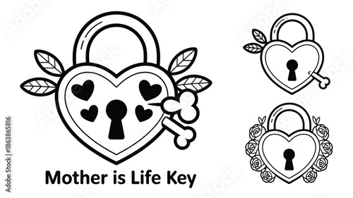 Stylized heart shaped padlocks with keys and intricate floral details symbolizing love and life connections