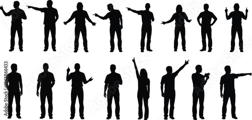 Black silhouettes of people set with various hand gestures pointing finger up side front view standing man woman collection isolated on white background